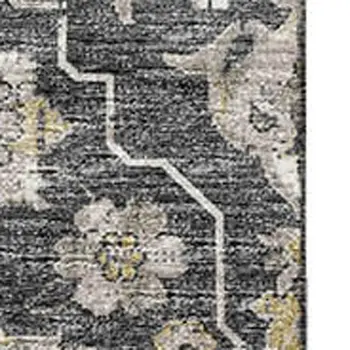 9' X 12' Graphite Ivory And Gold Floral Medallion Washable Area Rug With UV Protection