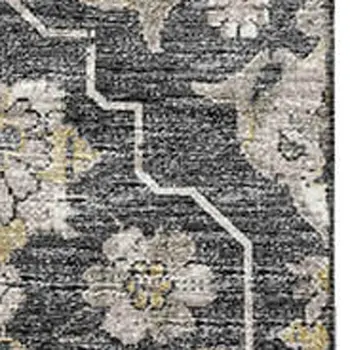 10' X 14' Graphite Ivory And Gold Floral Medallion Washable Area Rug With UV Protection