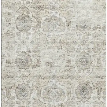 5' X 8' Linen And Ivory Floral Medallion Washable Area Rug With UV Protection