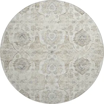 8' Linen And Ivory Floral Medallion Washable Round Rug With UV Protection