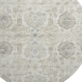 8' Linen And Ivory Floral Medallion Washable Round Rug With UV Protection