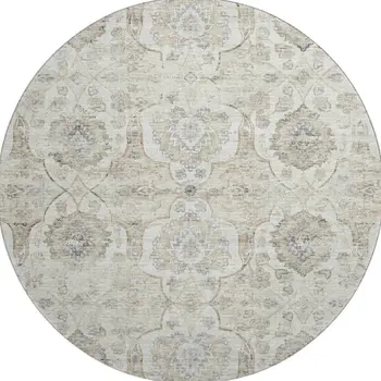 8' Linen And Ivory Floral Medallion Washable Round Rug With UV Protection