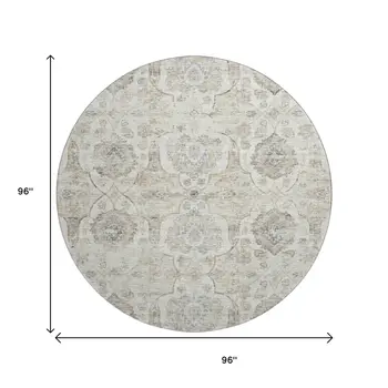 8' Linen And Ivory Floral Medallion Washable Round Rug With UV Protection