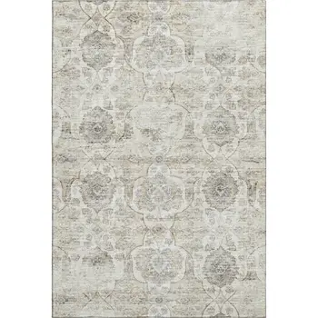 9' X 12' Linen And Ivory Floral Medallion Washable Area Rug With UV Protection