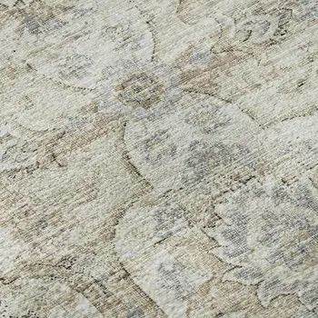 9' X 12' Linen And Ivory Floral Medallion Washable Area Rug With UV Protection