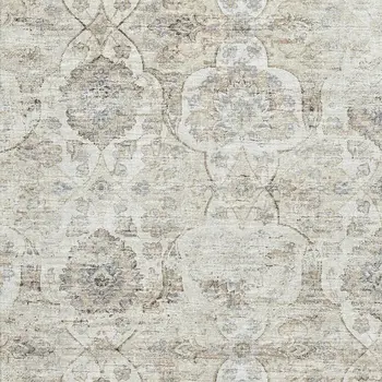 9' X 12' Linen And Ivory Floral Medallion Washable Area Rug With UV Protection