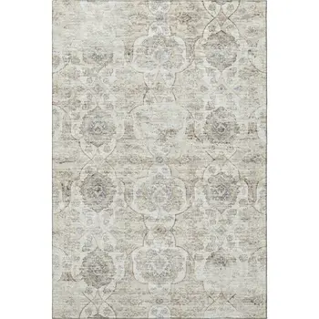 9' X 12' Linen And Ivory Floral Medallion Washable Area Rug With UV Protection
