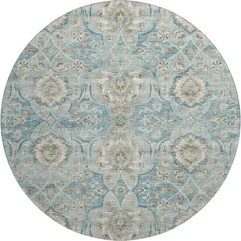 8' Persian Blue Coffee And Ivory Floral Medallion Washable Round Rug With UV Protection