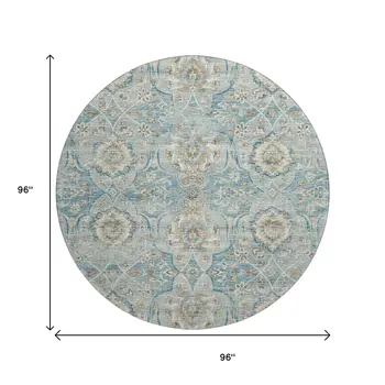 8' Persian Blue Coffee And Ivory Floral Medallion Washable Round Rug With UV Protection
