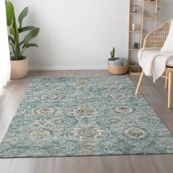10' X 14' Persian Blue Coffee And Ivory Floral Medallion Washable Area Rug With UV Protection