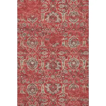 5' X 8' Red And Beige Floral Medallion Washable Area Rug With UV Protection