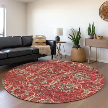 8' Red And Beige Floral Medallion Washable Round Rug With UV Protection