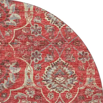 8' Red And Beige Floral Medallion Washable Round Rug With UV Protection