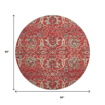 8' Red And Beige Floral Medallion Washable Round Rug With UV Protection
