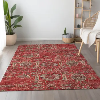 10' X 14' Red And Beige Floral Medallion Washable Area Rug With UV Protection