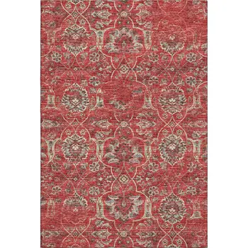 10' X 14' Red And Beige Floral Medallion Washable Area Rug With UV Protection
