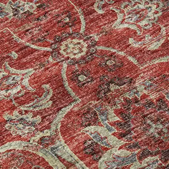 10' X 14' Red And Beige Floral Medallion Washable Area Rug With UV Protection