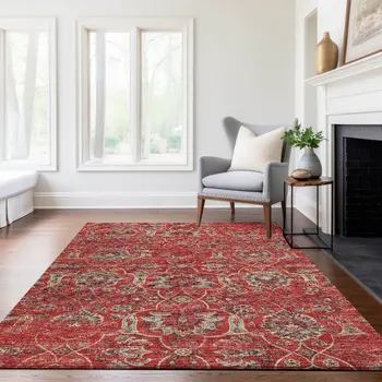10' X 14' Red And Beige Floral Medallion Washable Area Rug With UV Protection
