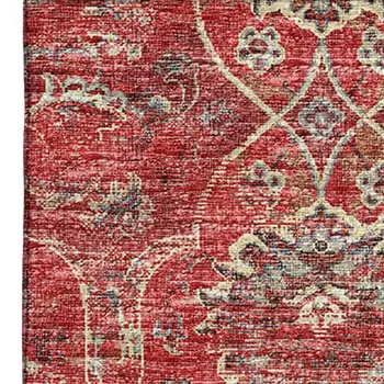 10' X 14' Red And Beige Floral Medallion Washable Area Rug With UV Protection
