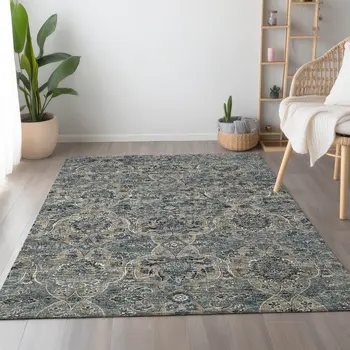 5' X 8' Denim Blue And Gray Floral Medallion Washable Area Rug With UV Protection