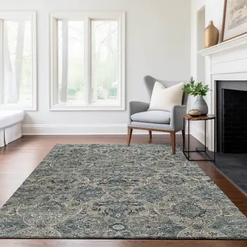 5' X 8' Denim Blue And Gray Floral Medallion Washable Area Rug With UV Protection