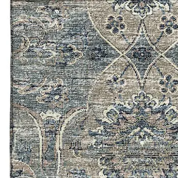 5' X 8' Denim Blue And Gray Floral Medallion Washable Area Rug With UV Protection