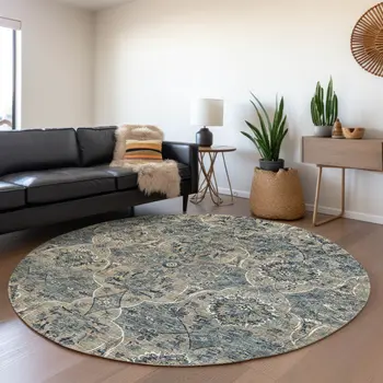 8' Denim Blue And Gray Floral Medallion Washable Round Rug With UV Protection