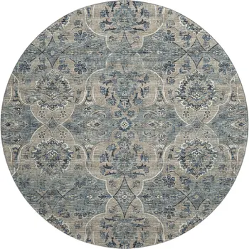 8' Denim Blue And Gray Floral Medallion Washable Round Rug With UV Protection