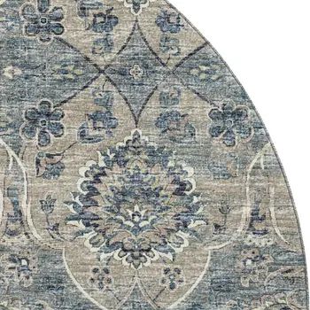 8' Denim Blue And Gray Floral Medallion Washable Round Rug With UV Protection