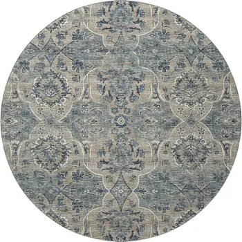 8' Denim Blue And Gray Floral Medallion Washable Round Rug With UV Protection
