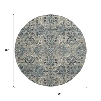 8' Denim Blue And Gray Floral Medallion Washable Round Rug With UV Protection