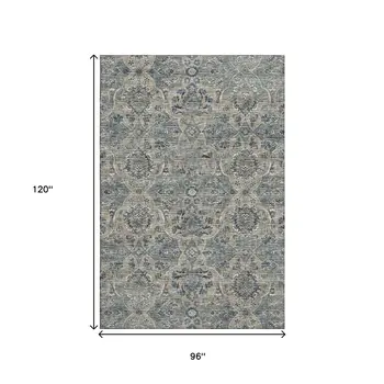 8' X 10' Denim Blue And Gray Floral Medallion Washable Area Rug With UV Protection