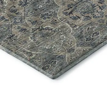 9' X 12' Denim Blue And Gray Floral Medallion Washable Area Rug With UV Protection