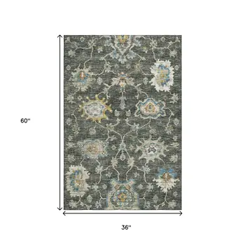 3' X 5' Charcoal Blue And Gold Floral Medallion Washable Area Rug With UV Protection