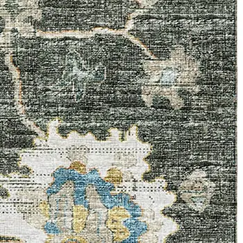 5' X 8' Charcoal Blue And Gold Floral Medallion Washable Area Rug With UV Protection