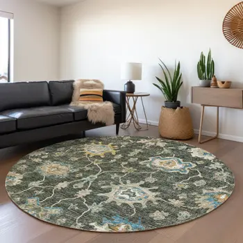 8' Charcoal Blue And Gold Floral Medallion Washable Round Rug With UV Protection