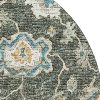 8' Charcoal Blue And Gold Floral Medallion Washable Round Rug With UV Protection