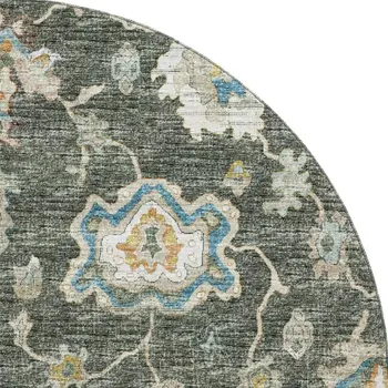 8' Charcoal Blue And Gold Floral Medallion Washable Round Rug With UV Protection