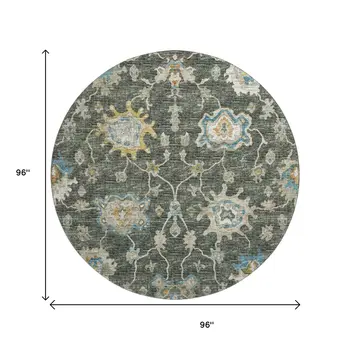 8' Charcoal Blue And Gold Floral Medallion Washable Round Rug With UV Protection