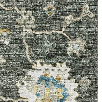 8' X 10' Charcoal Blue And Gold Floral Medallion Washable Area Rug With UV Protection