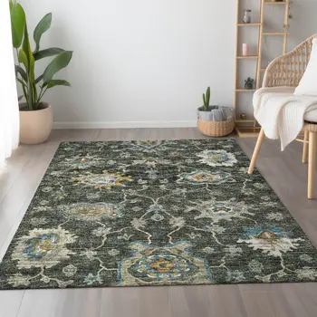 9' X 12' Charcoal Blue And Gold Floral Medallion Washable Area Rug With UV Protection
