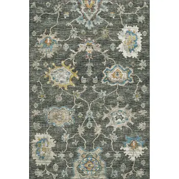 9' X 12' Charcoal Blue And Gold Floral Medallion Washable Area Rug With UV Protection