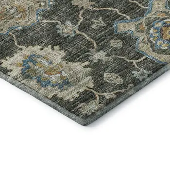 9' X 12' Charcoal Blue And Gold Floral Medallion Washable Area Rug With UV Protection