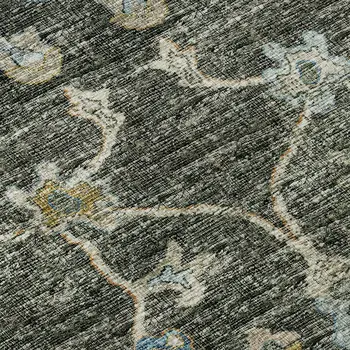 9' X 12' Charcoal Blue And Gold Floral Medallion Washable Area Rug With UV Protection