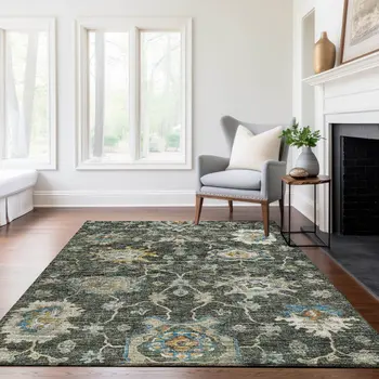 9' X 12' Charcoal Blue And Gold Floral Medallion Washable Area Rug With UV Protection