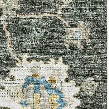 9' X 12' Charcoal Blue And Gold Floral Medallion Washable Area Rug With UV Protection