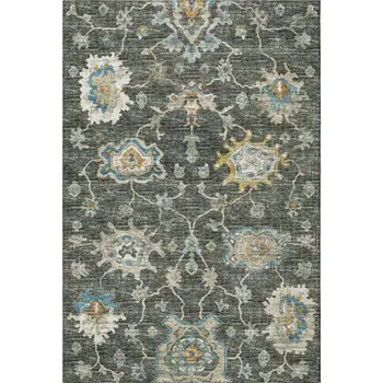 9' X 12' Charcoal Blue And Gold Floral Medallion Washable Area Rug With UV Protection