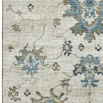 3' X 5' Blue Ivory And Gray Floral Medallion Washable Area Rug With UV Protection