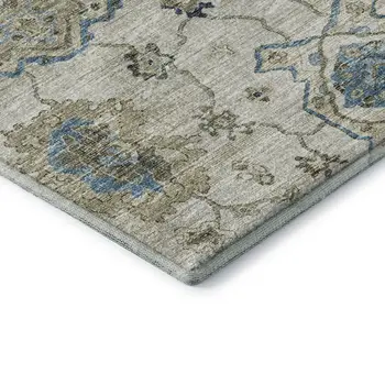 5' X 8' Blue Ivory And Gray Floral Medallion Washable Area Rug With UV Protection