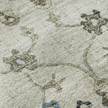 5' X 8' Blue Ivory And Gray Floral Medallion Washable Area Rug With UV Protection